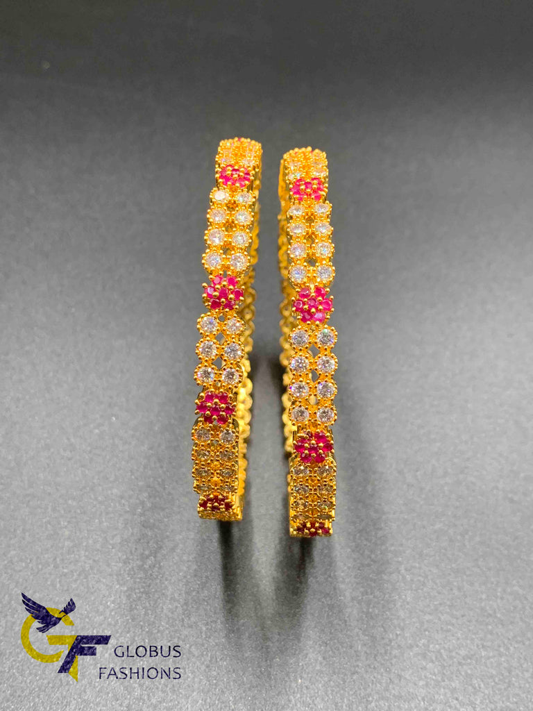 Double line cz stones with ruby  stones set of two bangles