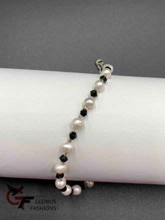 Pearls with black crystal beads silver bracelet