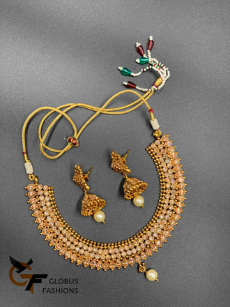 Rose gold polki stones necklace set