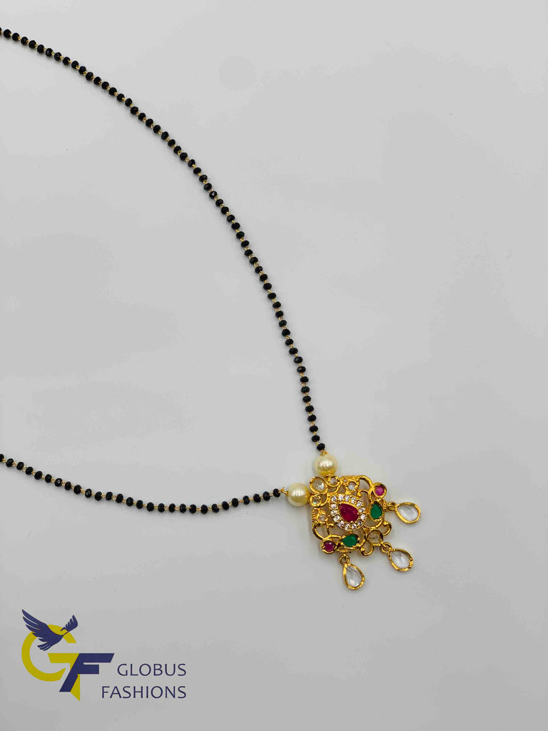 Uncut cz stones pendant with a single line black diamond beads chain