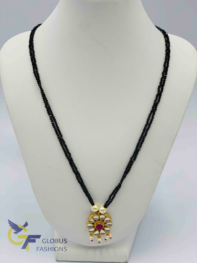 Black diamond beads chain with kundan stones pendant