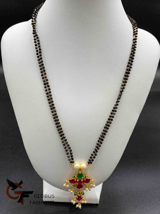 Multicolor Stones with Pearls pendant with double line black Diamond Beads Chain