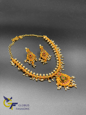 Traditional and antique look multicolor stones with real natural pearls necklace set