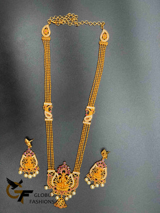 Traditional and antique Lakshmi print long necklace with matching earrings