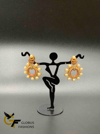 Cz stones and ruby stones with pearls chandbali earrings
