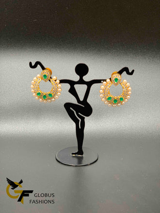 Cz stones and emerald stones with pearls chandbali earrings