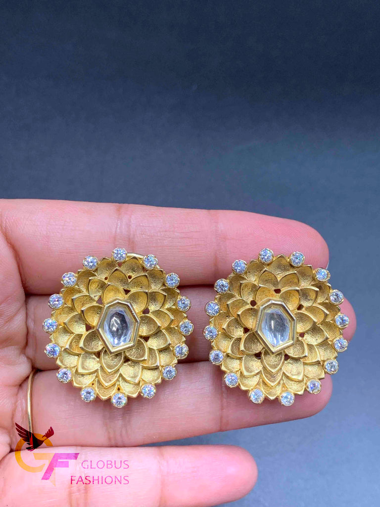 Big size flower design cz stones with kundan earrings