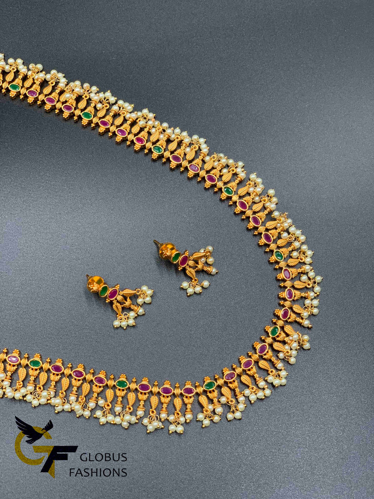 Mat finish multicolor stones with pearls long necklace set