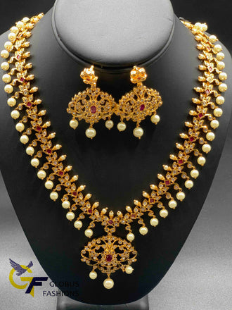 Cz stones and ruby stones with pearls long necklace set