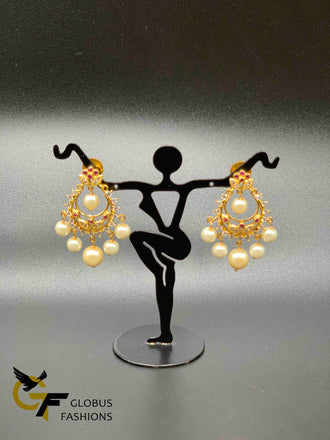Simple flower design ruby and cz stones with pearls chandbali earrings