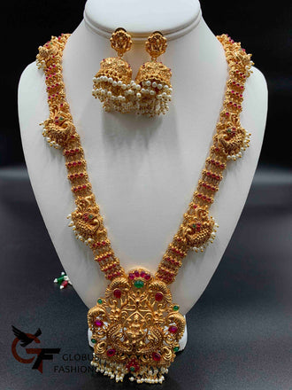 Traditional and antique design LAKSHMI print with pearls and multicolor stones long necklace and matching jumka set