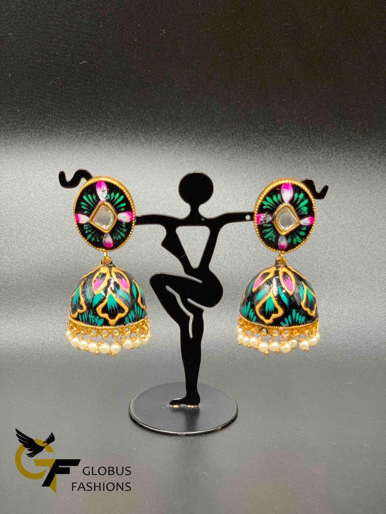 Beautiful enamel hand painted with kundan stones jumka earrings