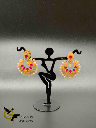 Small cz stones and ruby stones with pearls chandbali earrings