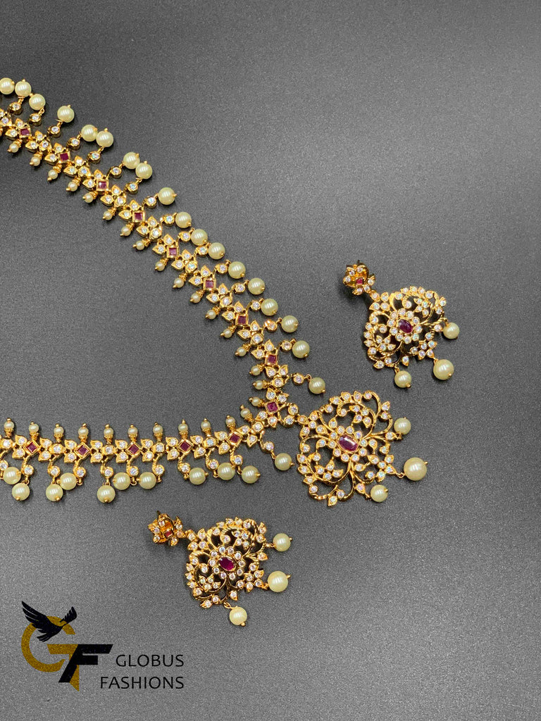 Cz stones and ruby stones with pearls long necklace set