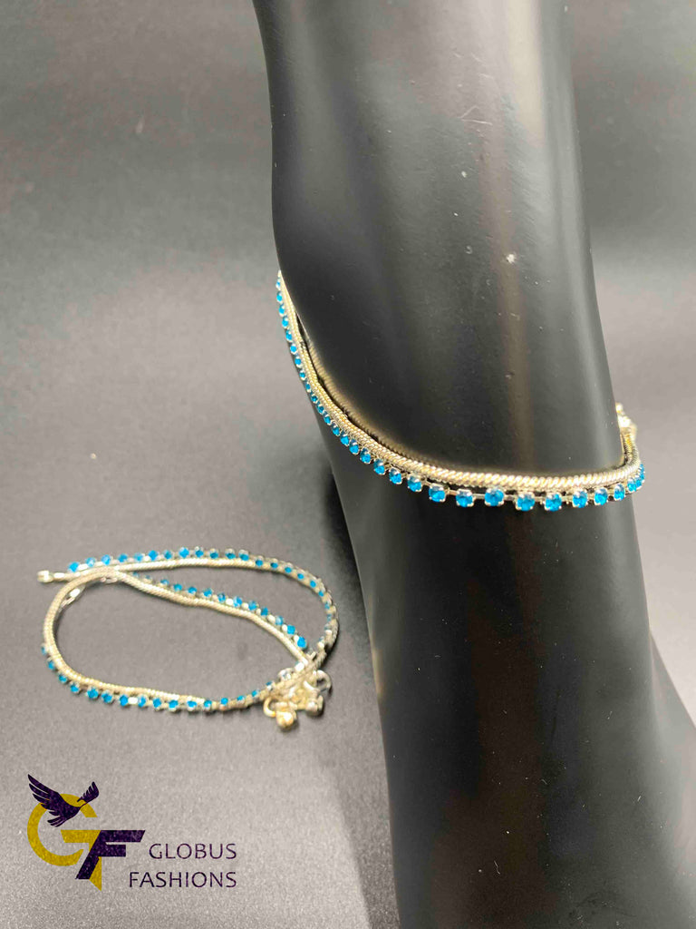 Blue color stones with silver base anklets