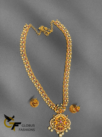 Traditional Ruby and ca stones with pearls antique gold long necklace set