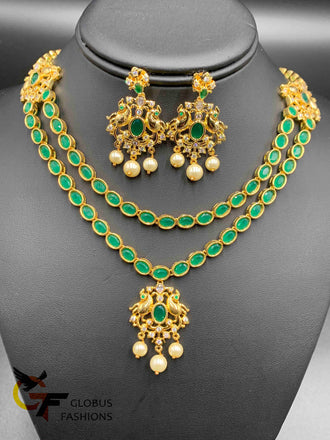 Double line semi-precious Emerald stones simple necklace set