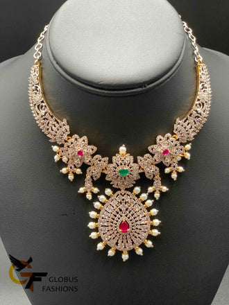 Elegant design cz stones with pearls silver and gold look necklace set