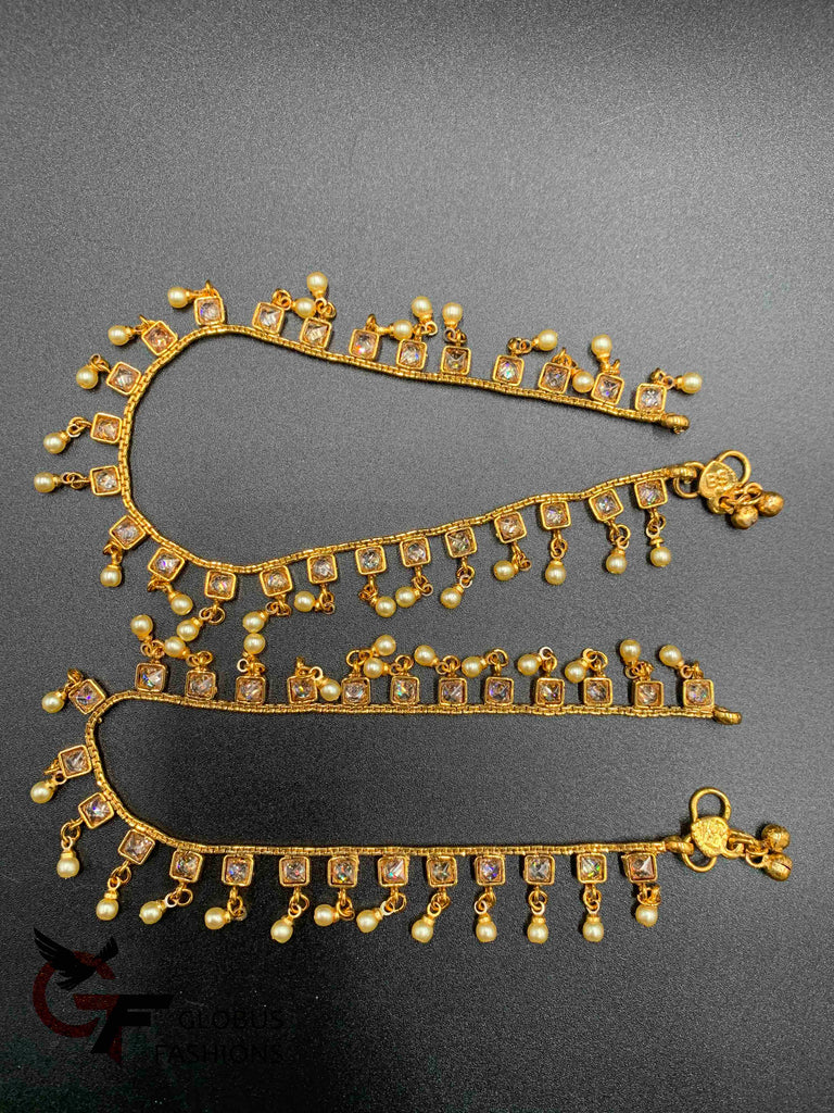 Antique look anklets with pearls and square type Kundans