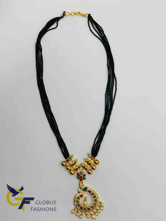 Bunch of small black beads chains with multicolor stones peacock design pendant