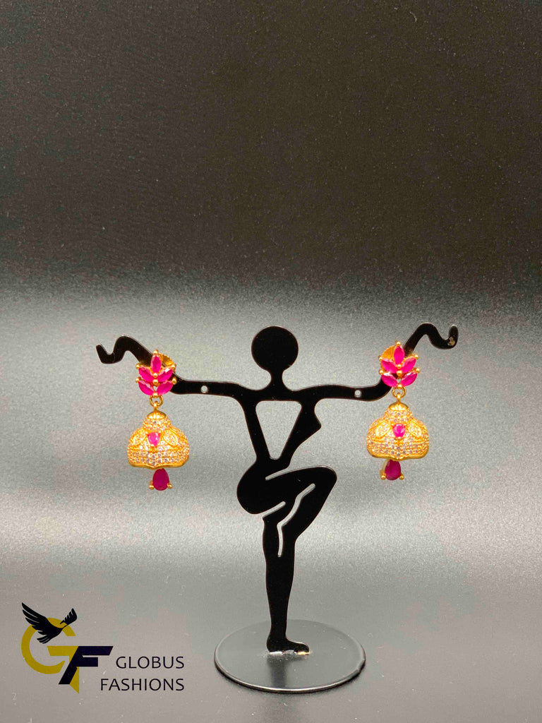 Leaf design cz stones and ruby stones jumka earrings