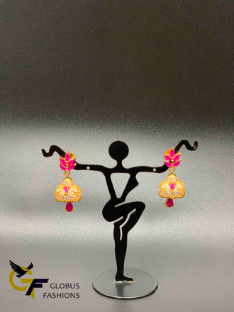 Leaf design cz stones and ruby stones jumka earrings