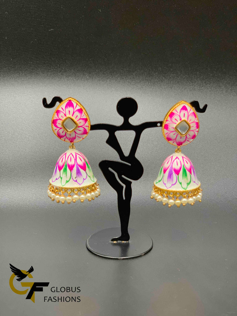 Beautiful enamel hand painted with kundan stones jumka earrings