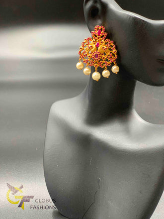 Antique look peacock design ruby and pearls earrings
