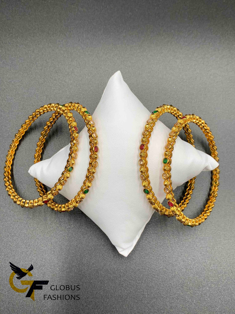 Traditional antique look multicolor Stones with Polki Stones set of 4 bangles