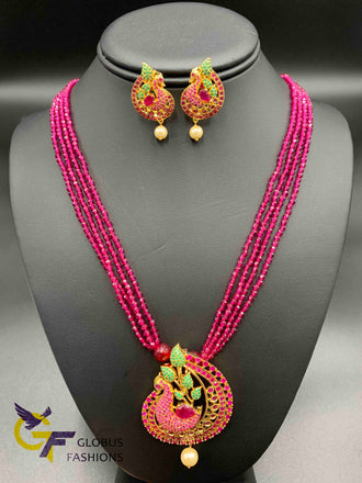 Cute multicolor stones Peacock design pendant with matching pink beads chain
