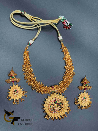 Traditional look antique Peacock and Lakshmi print design necklace set