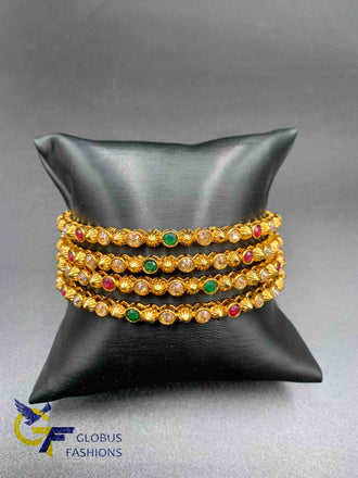 Traditional antique look multicolor Stones with Polki Stones set of 4 bangles