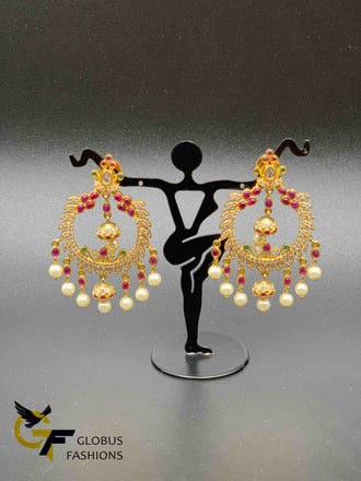 Traditional look ruby stone and cz stones with pearls chandbali earrings