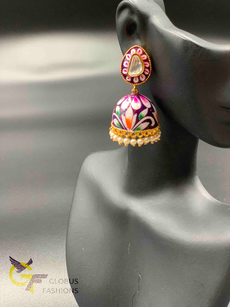 Beautiful enamel hand painted with kundan stones jumka earrings