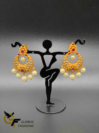 Ruby and pearls simple design antique chandbali earrings
