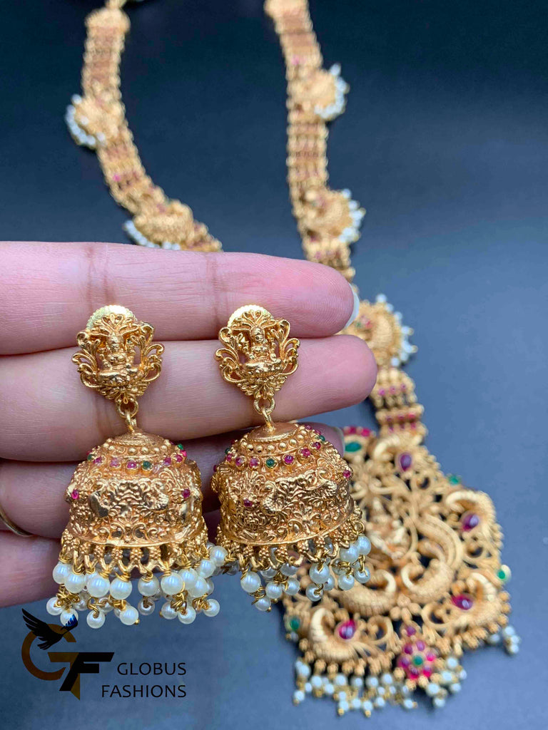 Traditional and antique design LAKSHMI print with pearls and multicolor stones long necklace and matching jumka set