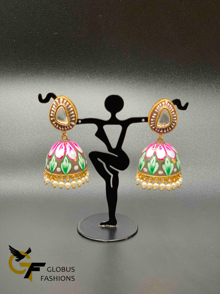 Beautiful enamel hand painted with kundan stones jumka earrings