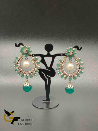 Traditional look cz stones and emerald stones with pearls German silver earrings