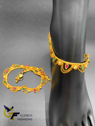 Elegant design gold chains with multicolor Stones anklets