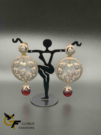 Traditional look cz stones with ruby beads German silver earrings
