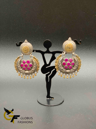 Oxidized German silver Ruby stones chandbali earrings