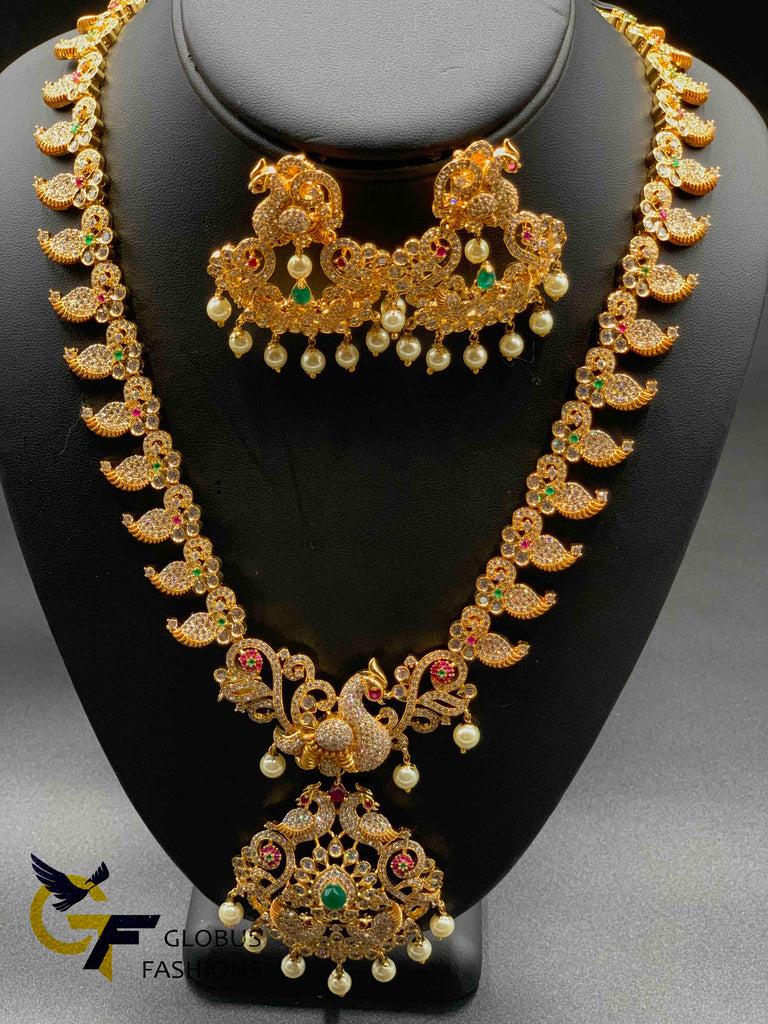 Traditional mango design with Peacock design Multicolore stones long necklace set