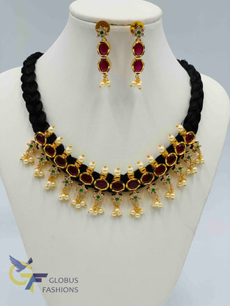 Multicolor stone and pearls pendant with braided black silk thread chain and matching earrings