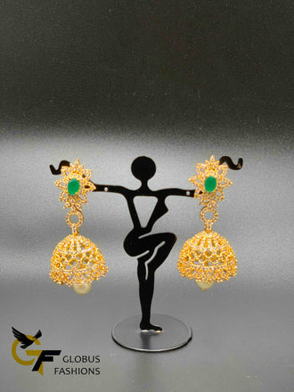 Cz stones and emerald stones with pearls hanging jumka earrings