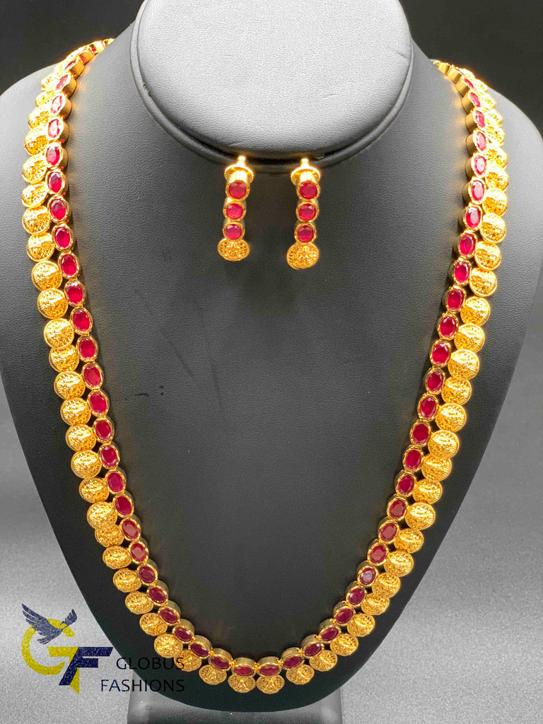 Traditional Lakshmi print coins with ruby stones long necklace set