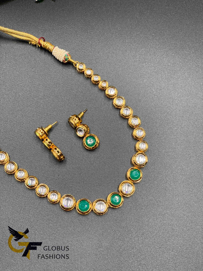 Kundan stones with emerald stones single line necklace