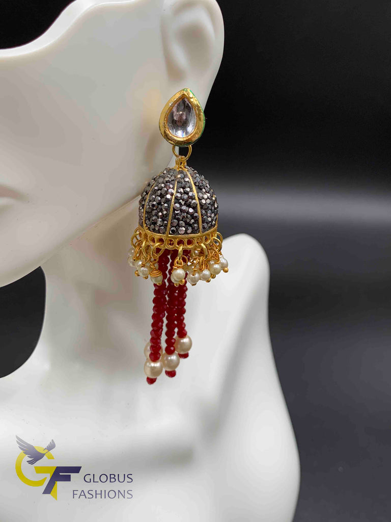 Red color beads with black stones pendant and matching jumka earrings