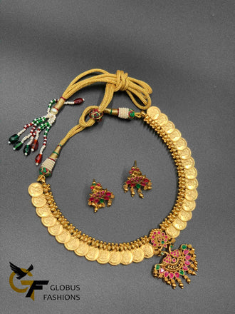 Lakshmi print coins with multicolor stones Peacock design pendant with matching earrings