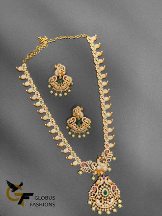 Traditional mango design with Peacock design Multicolore stones long necklace set