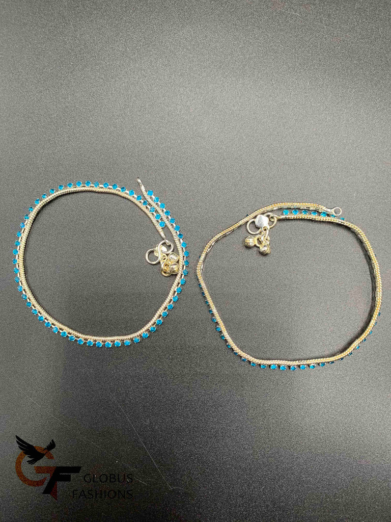 Blue color stones with silver base anklets